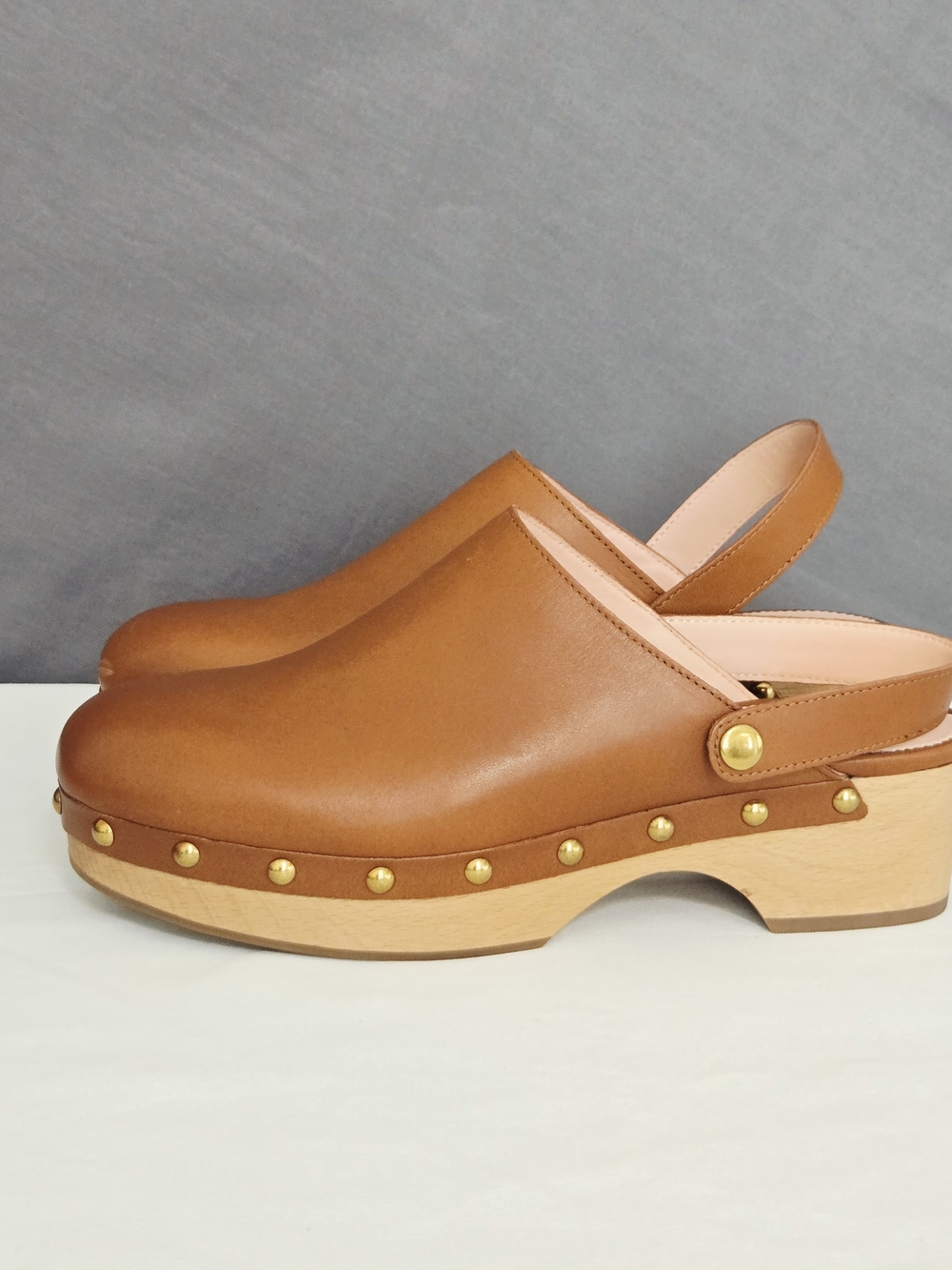 J. Crew Convertible Leather Clogs Tan Brown Studded Wood Platform Mules Size 8.5